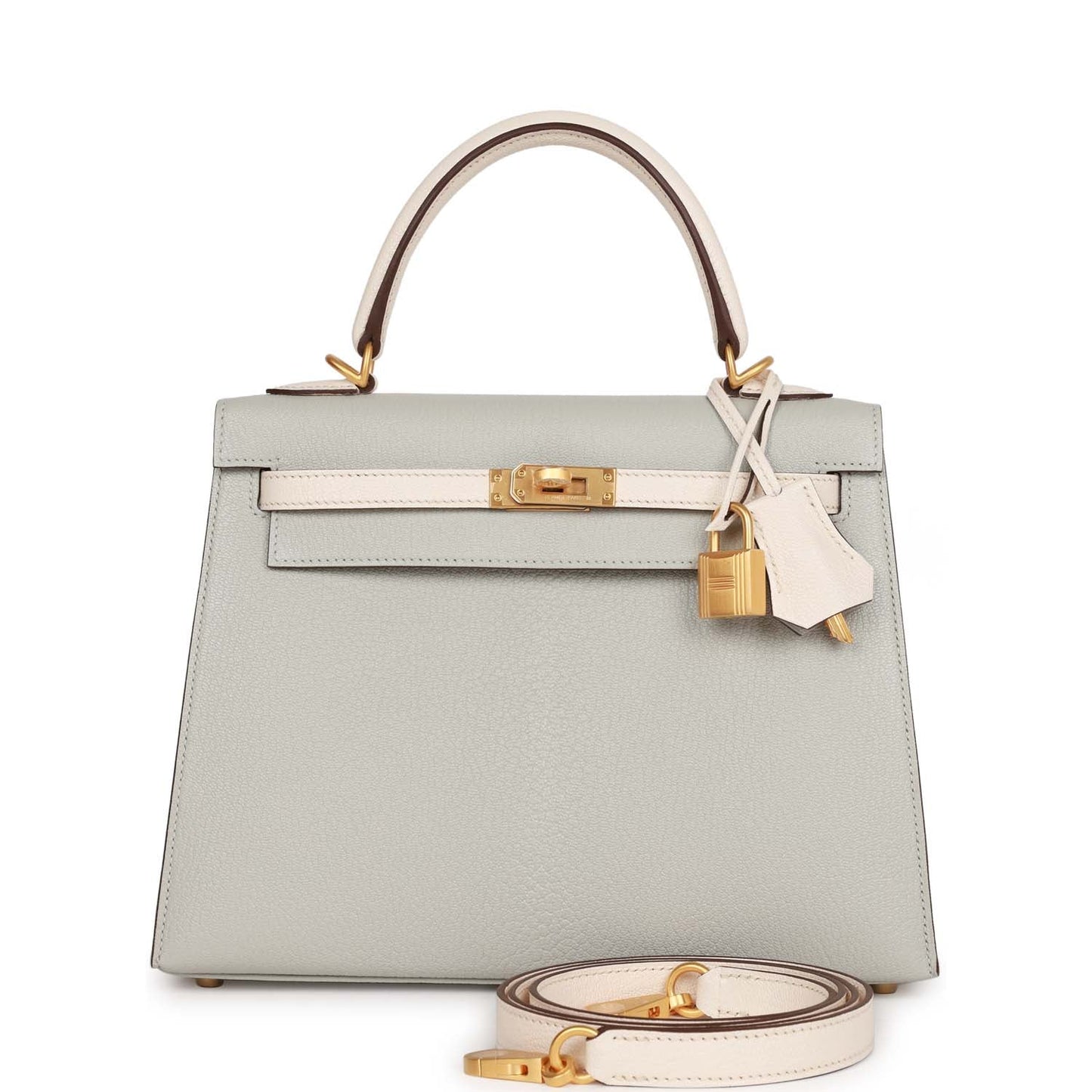 Hermes Kelly Sellier 25 Gris Perle and Nata Chevre Brushed Gold Hardware