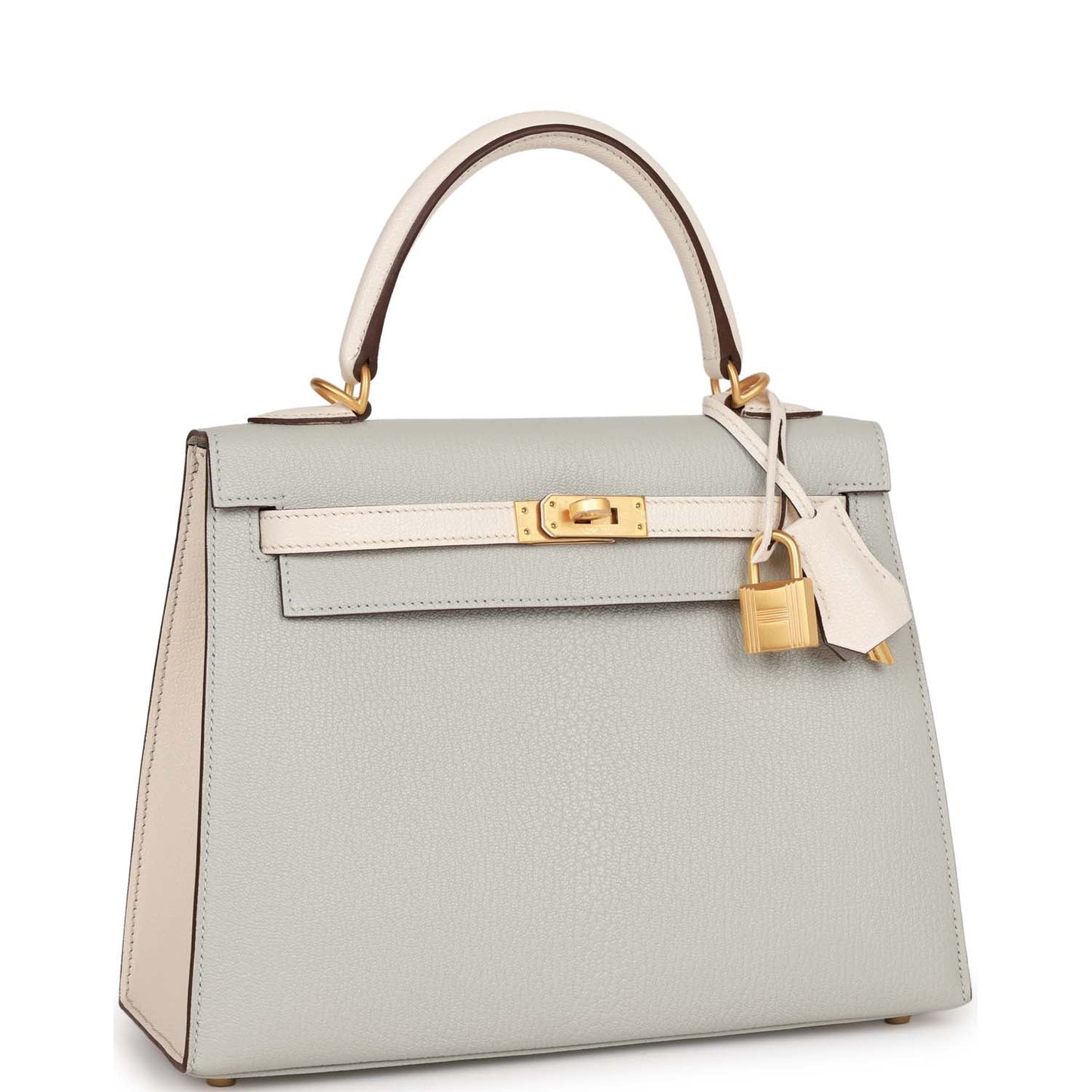 Hermes Kelly Sellier 25 Gris Perle and Nata Chevre Brushed Gold Hardware