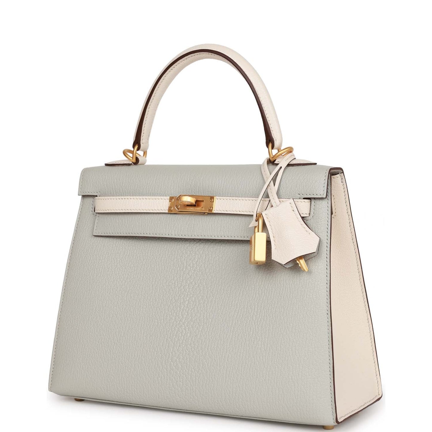 Hermes Kelly Sellier 25 Gris Perle and Nata Chevre Brushed Gold Hardware