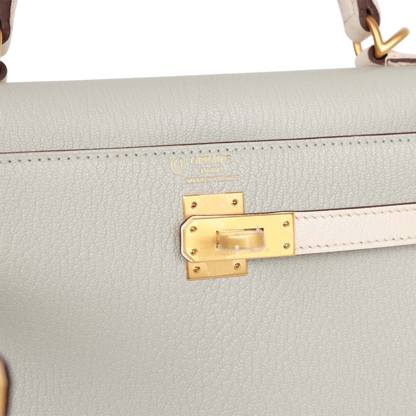 Hermes Kelly Sellier 25 Gris Perle and Nata Chevre Brushed Gold Hardware