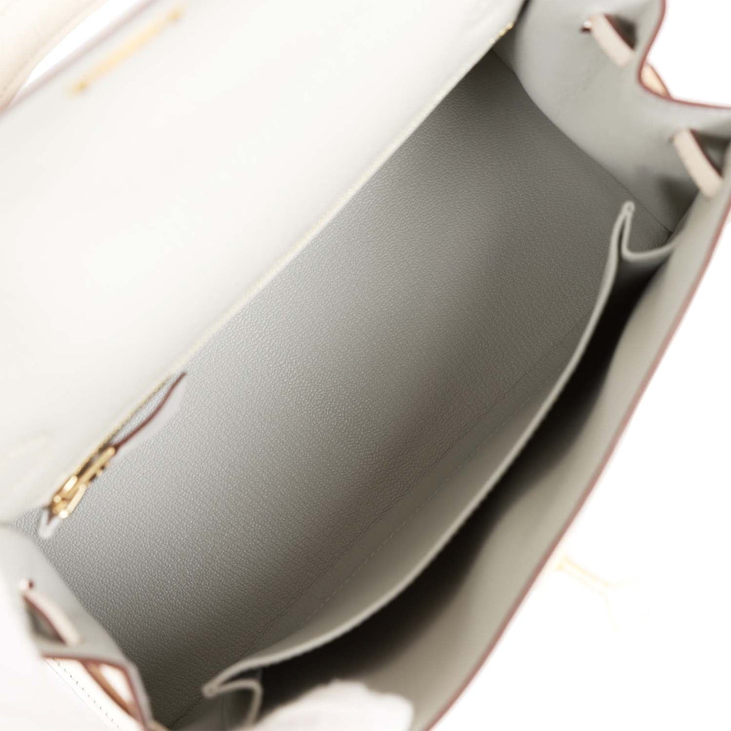 Hermes Kelly Sellier 25 Gris Perle and Nata Chevre Brushed Gold Hardware