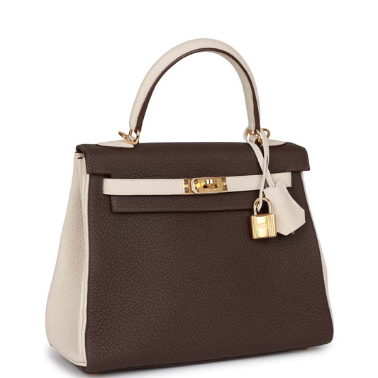 Hermes Kelly Retourne 25 Ebene and Craie Togo Gold Hardware