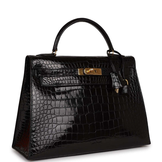 Hermes Kelly Sellier 32 Black Shiny Niloticus Crocodile Gold Hardware