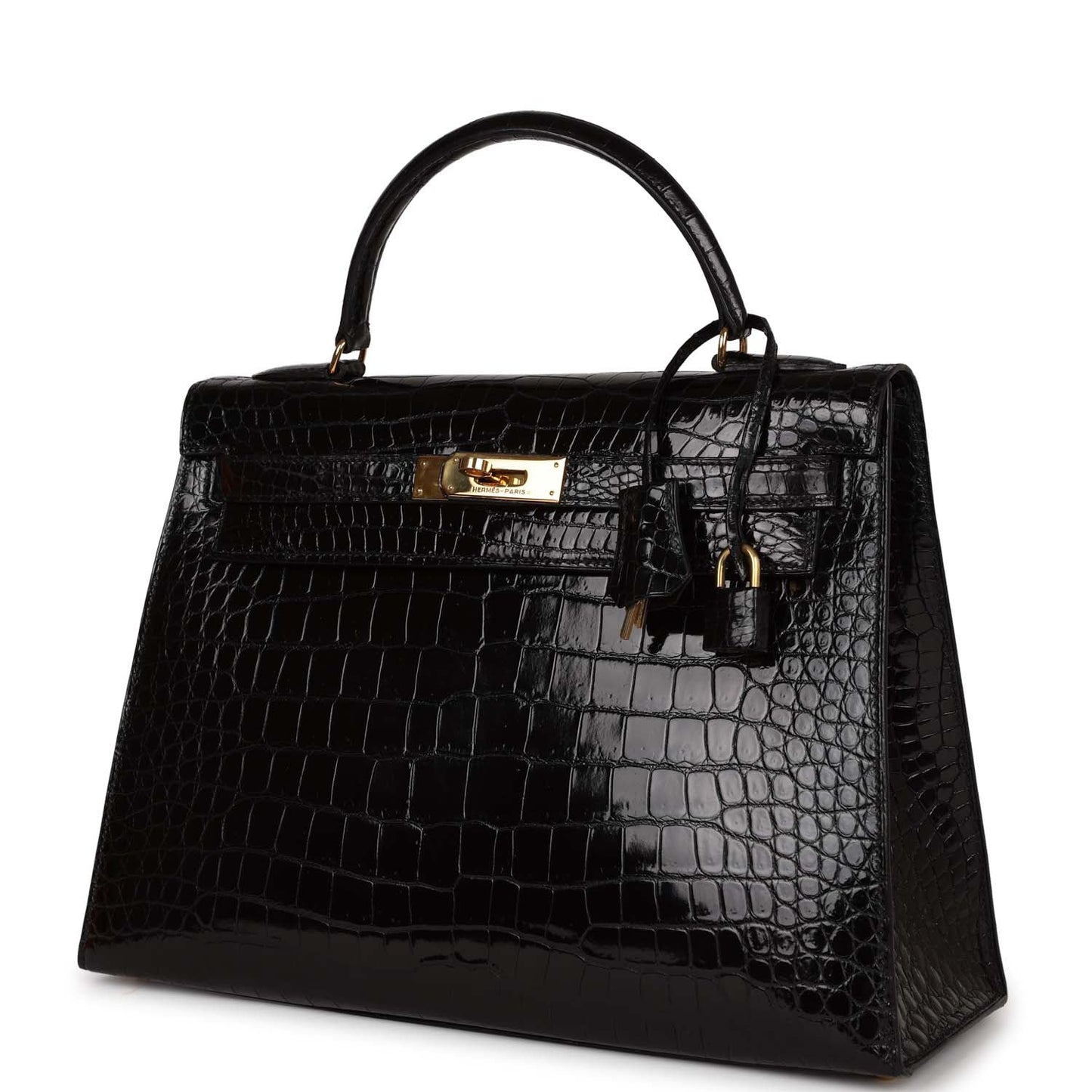 Hermes Kelly Sellier 32 Black Shiny Niloticus Crocodile Gold Hardware