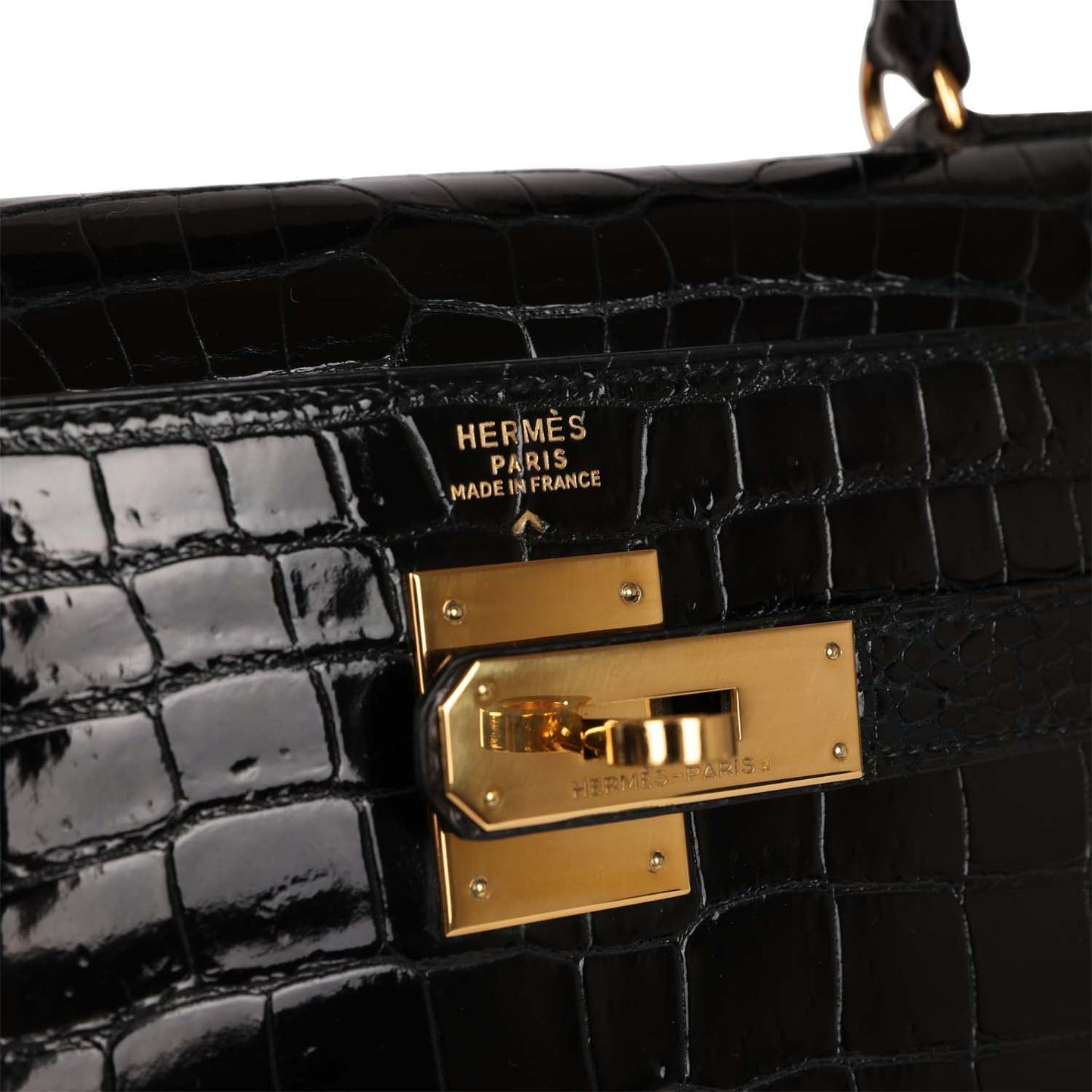 Hermes Kelly Sellier 32 Black Shiny Niloticus Crocodile Gold Hardware