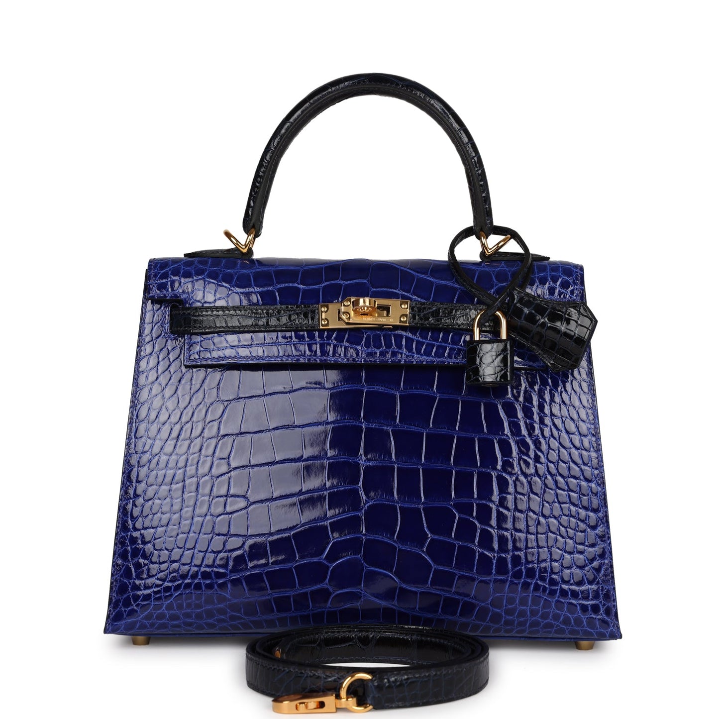 Hermes Kelly Sellier 25 Bleu Electric and Bleu Marine Shiny Alligator Gold Hardware