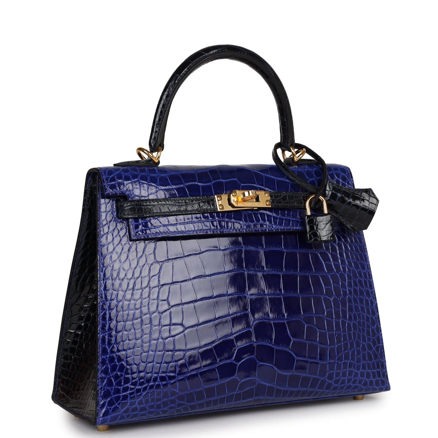 Hermes Kelly Sellier 25 Bleu Electric and Bleu Marine Shiny Alligator Gold Hardware