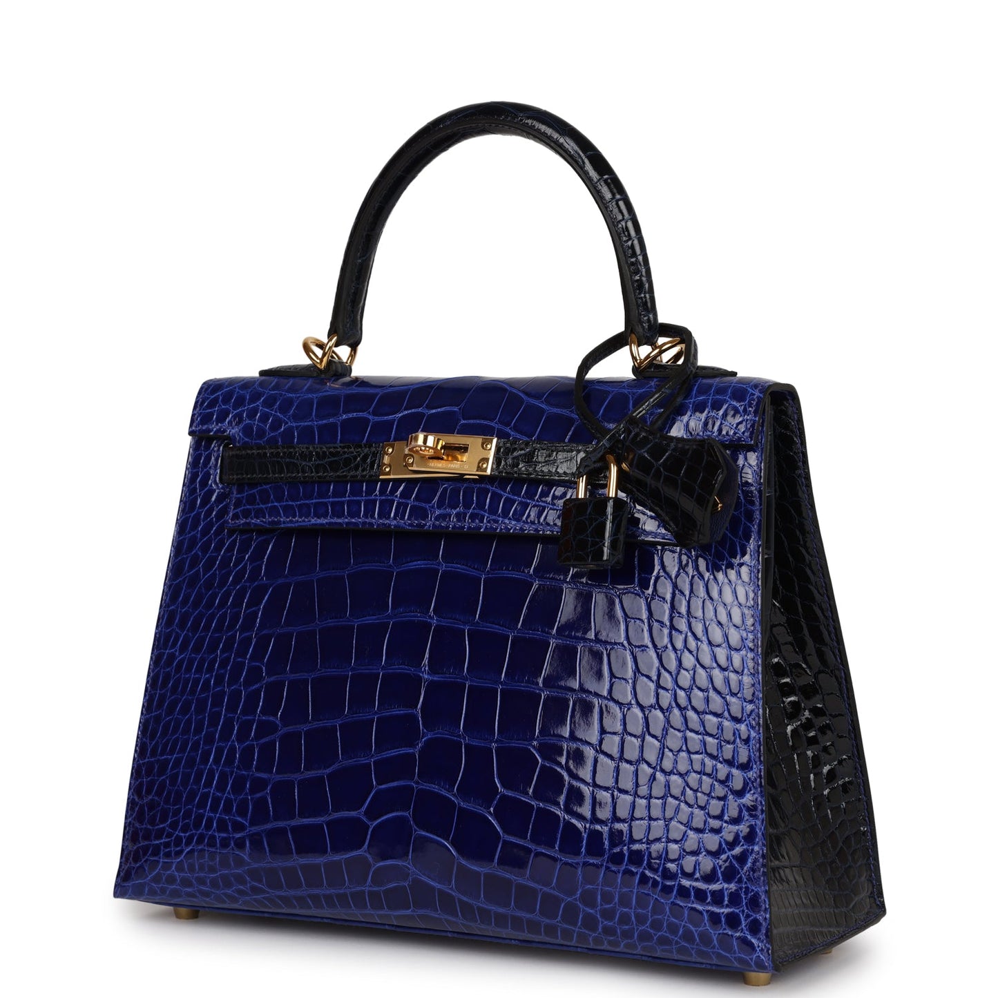 Hermes Kelly Sellier 25 Bleu Electric and Bleu Marine Shiny Alligator Gold Hardware