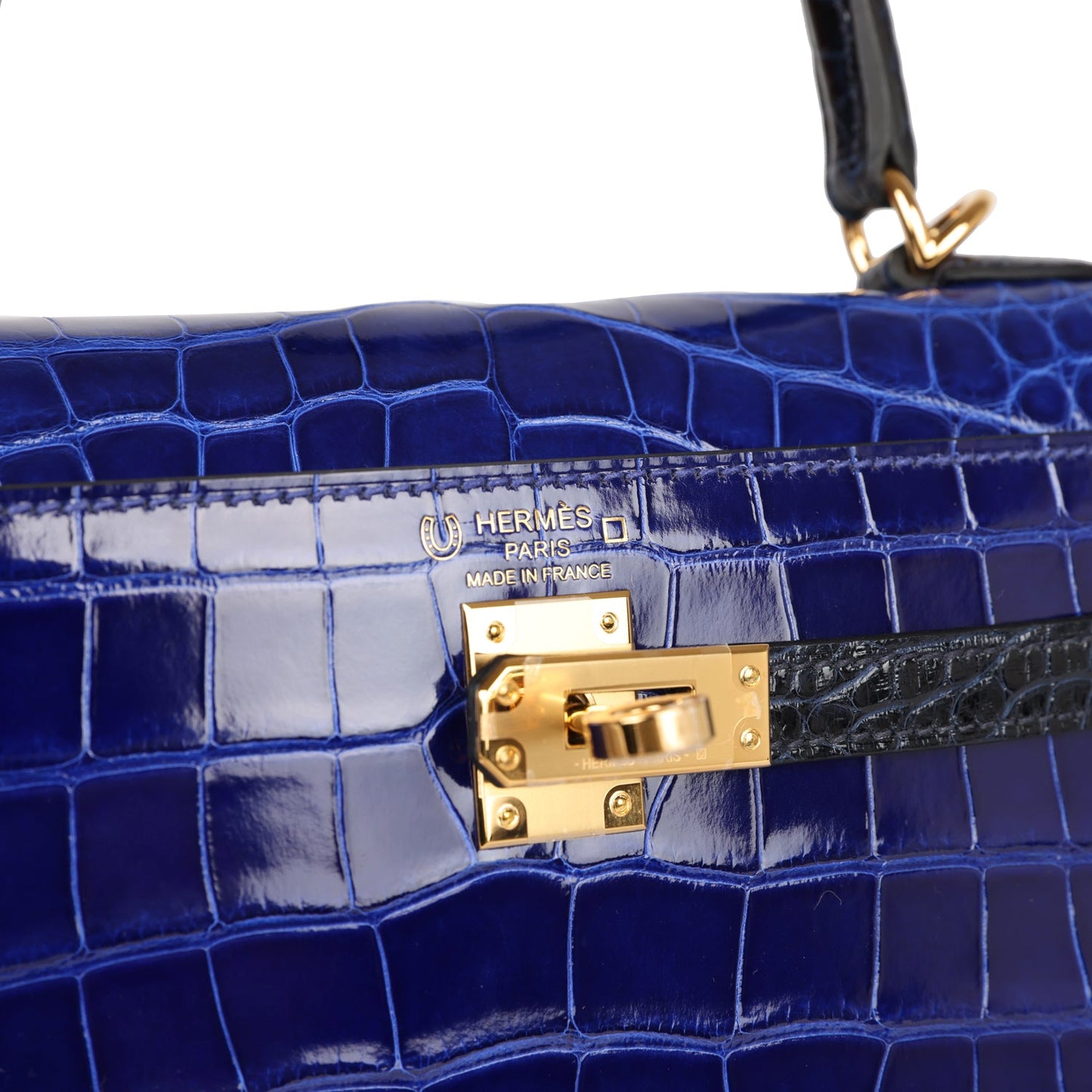 Hermes Kelly Sellier 25 Bleu Electric and Bleu Marine Shiny Alligator Gold Hardware