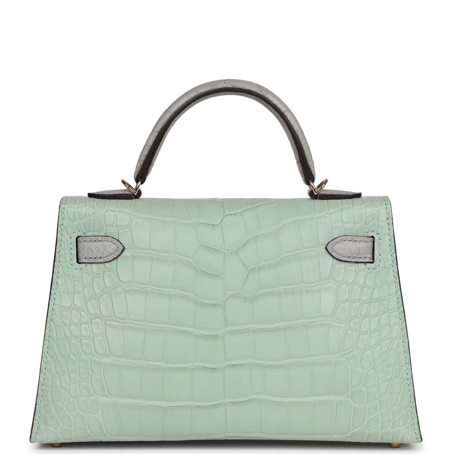 Hermes Special Order (HSS) Kelly Sellier 20 Vert D'Eau and Gris Perle Matte Alligator Permabrass Hardware