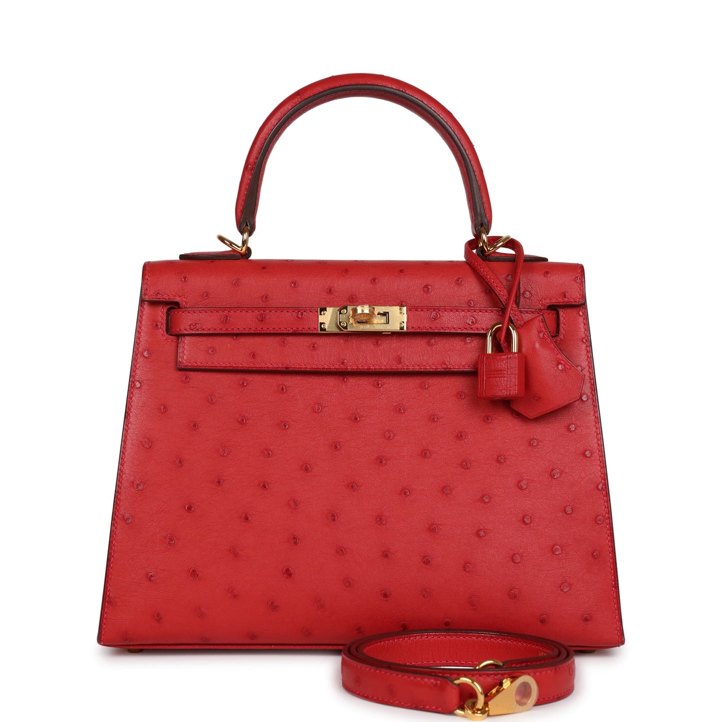 Hermes Kelly Sellier 25 Rouge Vif Verso Ostrich Gold Hardware