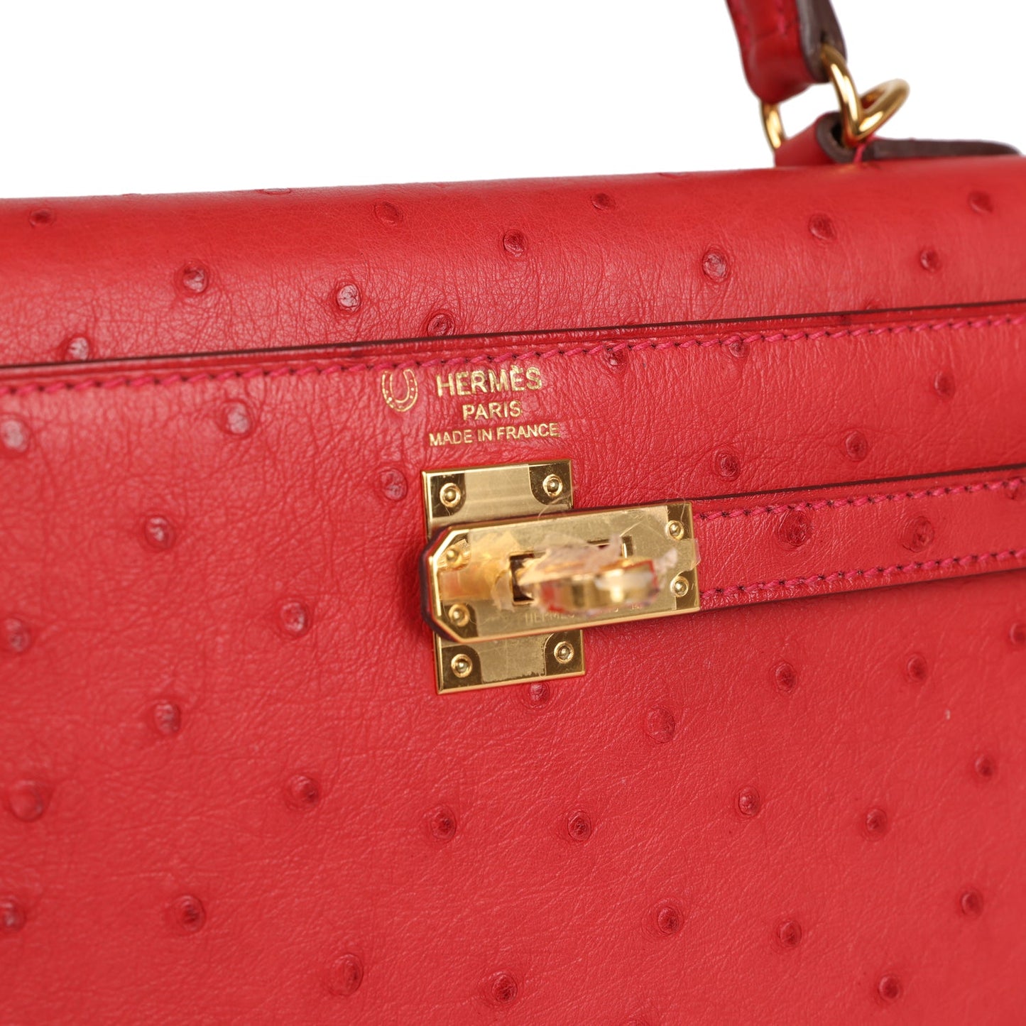 Hermes Kelly Sellier 25 Rouge Vif Verso Ostrich Gold Hardware