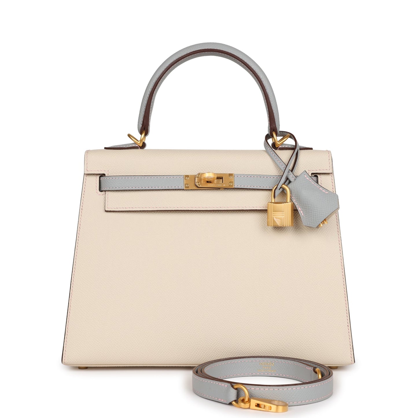 Hermes Kelly Sellier 25 Craie and Bleu Glacier Epsom Brushed Gold Hardware