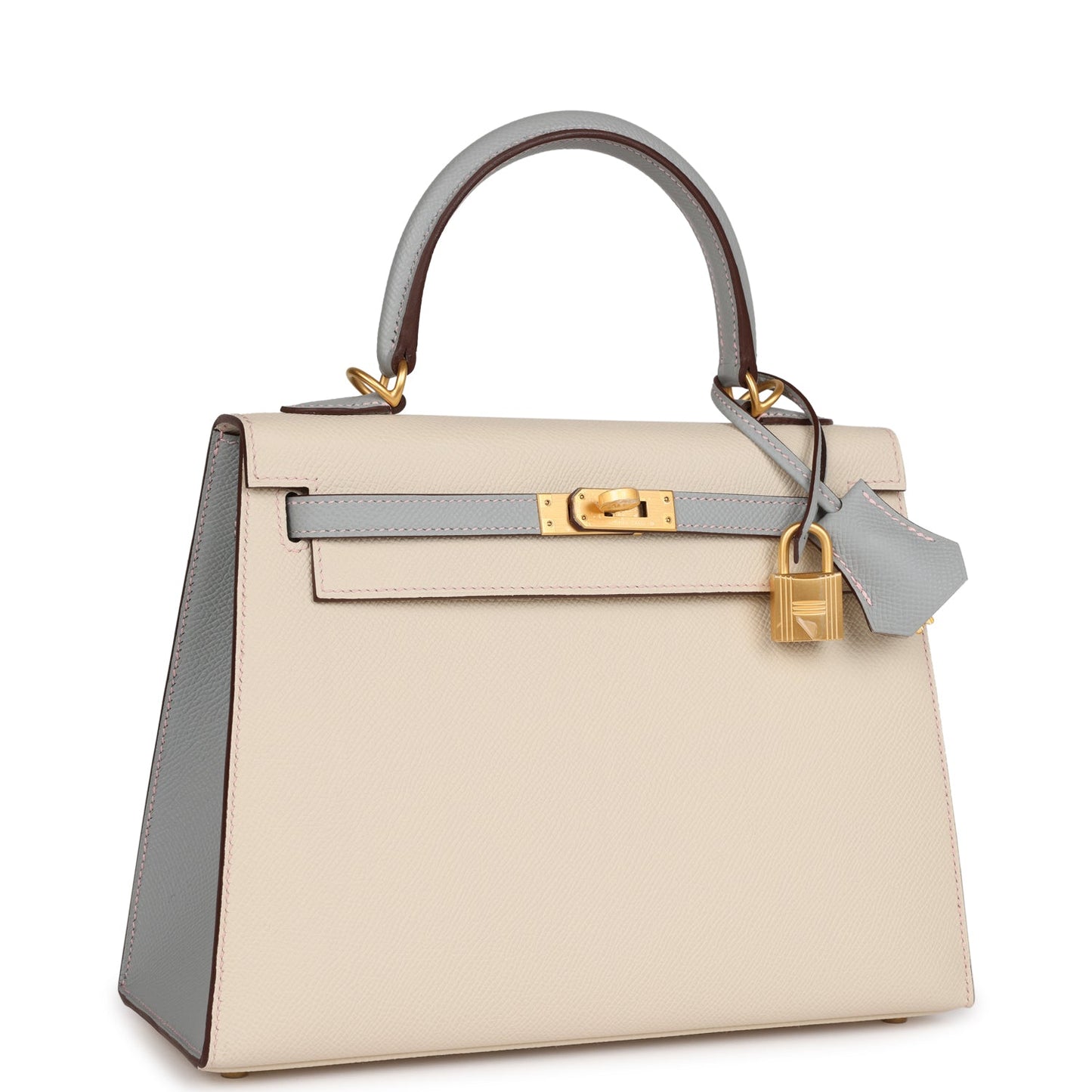 Hermes Kelly Sellier 25 Craie and Bleu Glacier Epsom Brushed Gold Hardware