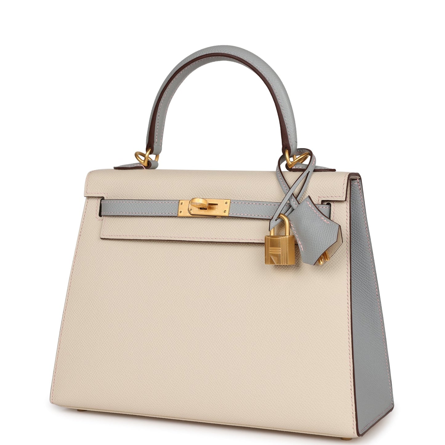 Hermes Kelly Sellier 25 Craie and Bleu Glacier Epsom Brushed Gold Hardware