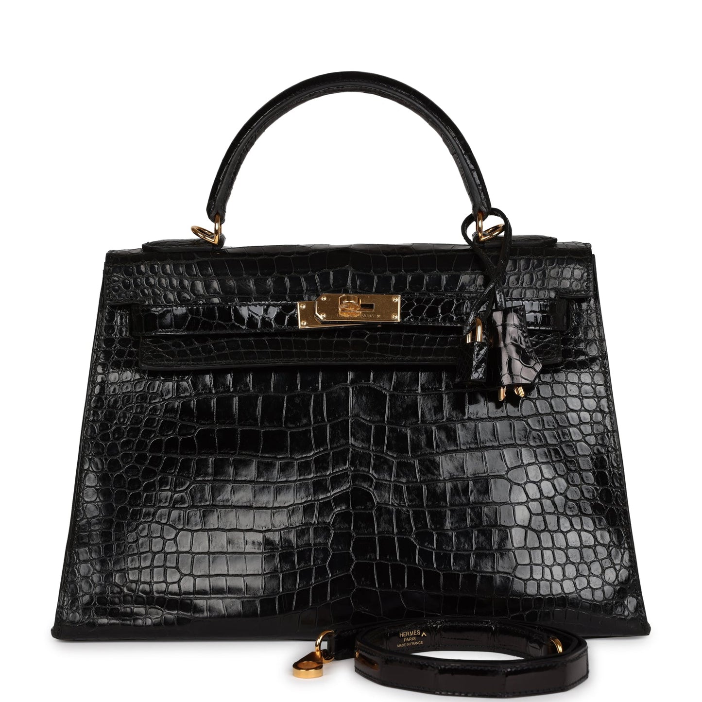 Hermes Kelly Sellier 32 Black Shiny Porosus Crocodile Gold Hardware