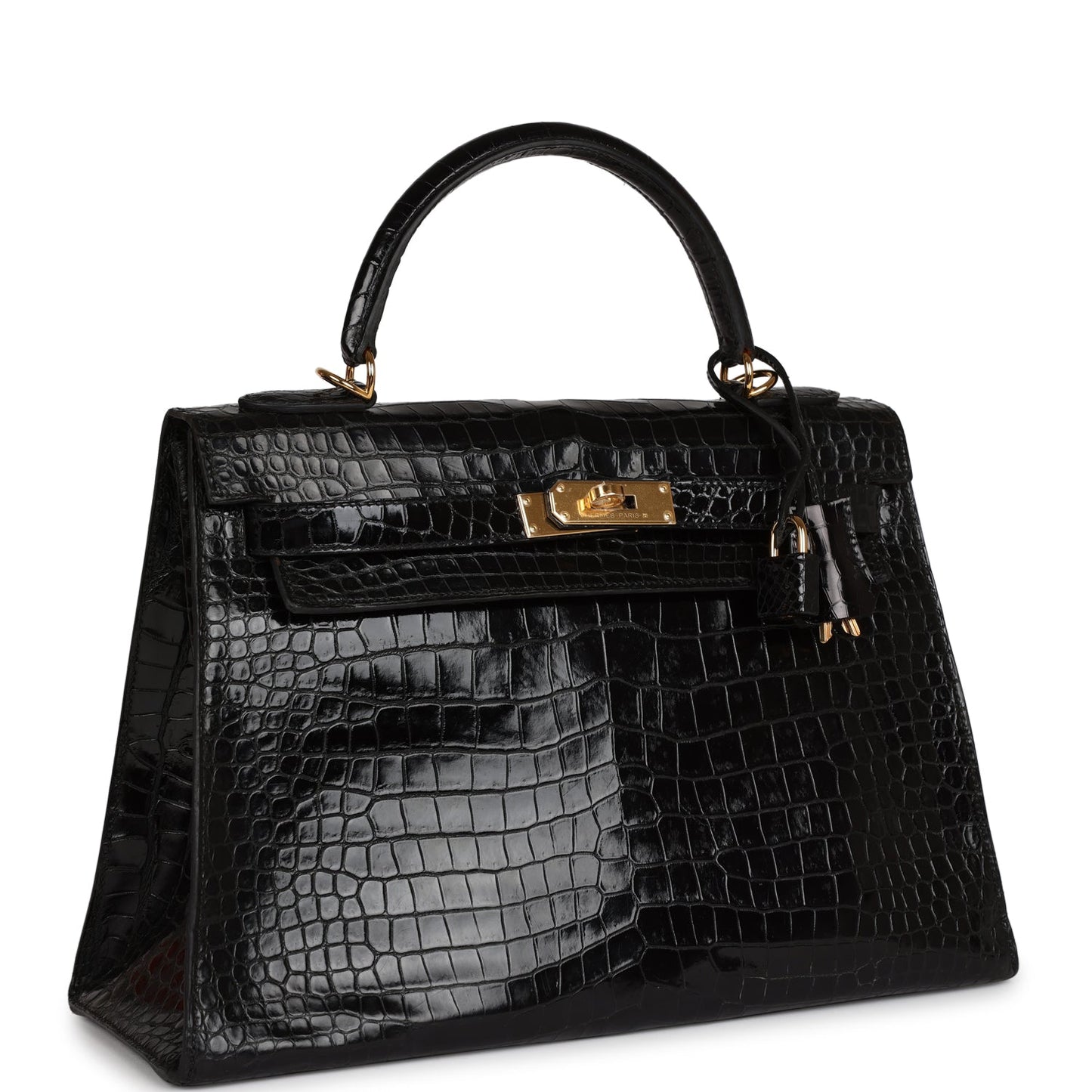 Hermes Kelly Sellier 32 Black Shiny Porosus Crocodile Gold Hardware