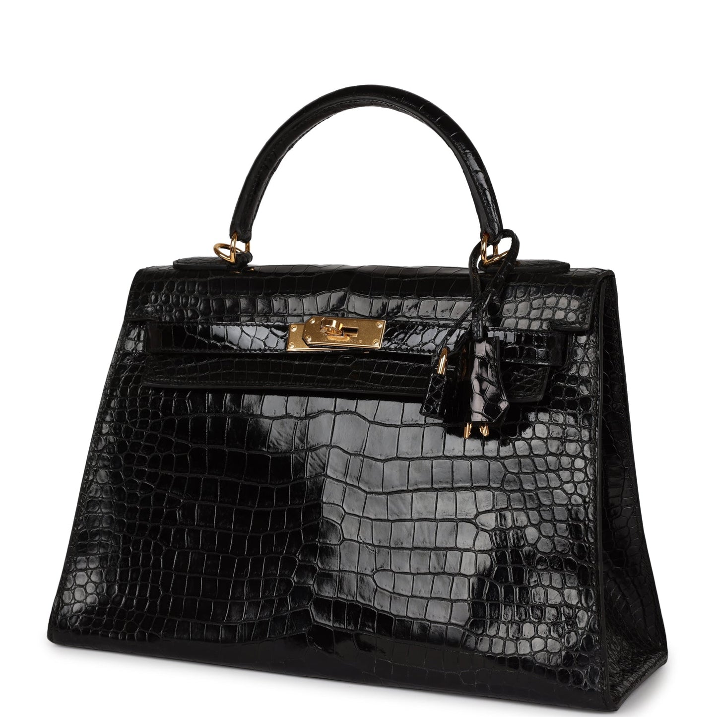 Hermes Kelly Sellier 32 Black Shiny Porosus Crocodile Gold Hardware