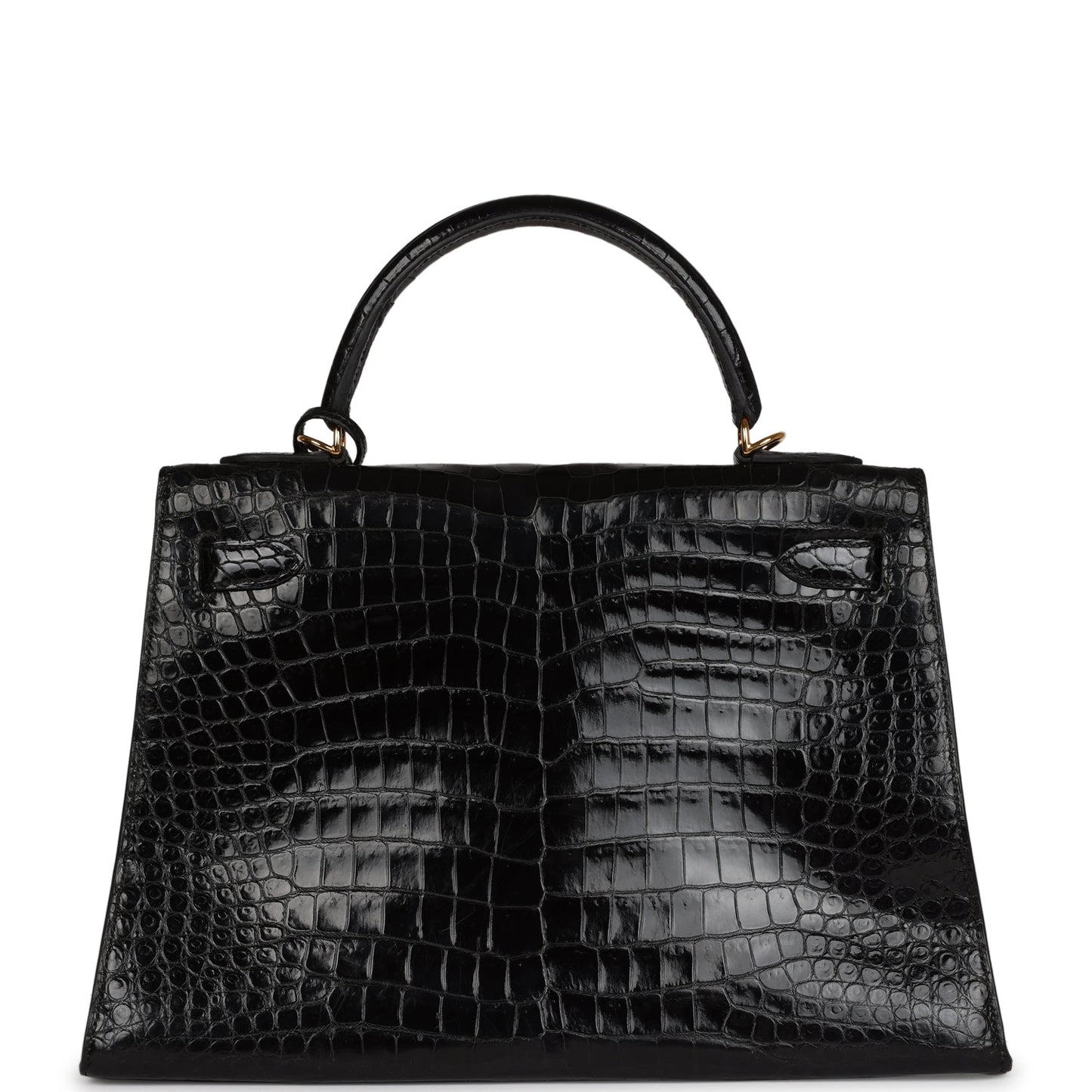 Hermes Kelly Sellier 32 Black Shiny Porosus Crocodile Gold Hardware