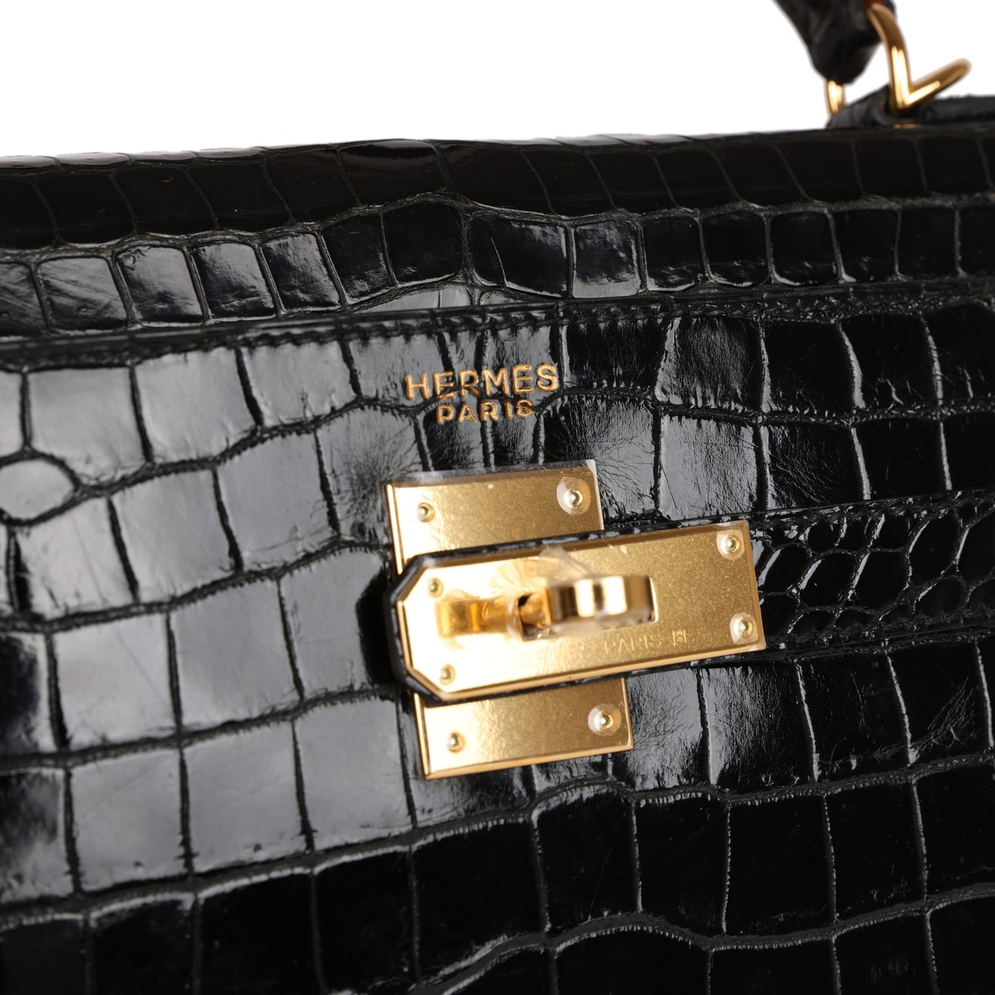 Hermes Kelly Sellier 32 Black Shiny Porosus Crocodile Gold Hardware