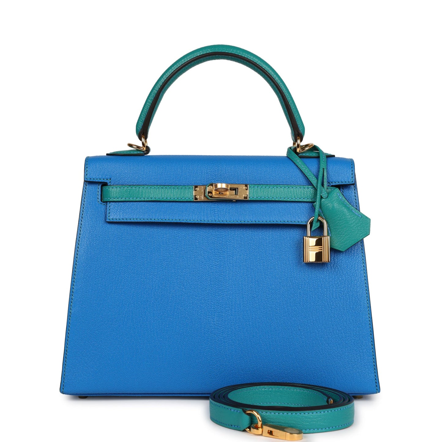 Hermes Kelly Sellier 25 Bleu Hydra and Bleu Paon Chevre Mysore Gold Hardware