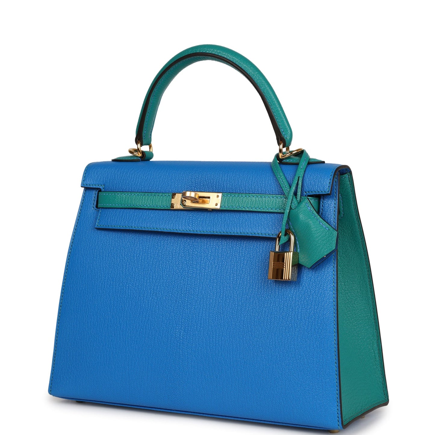 Hermes Kelly Sellier 25 Bleu Hydra and Bleu Paon Chevre Mysore Gold Hardware