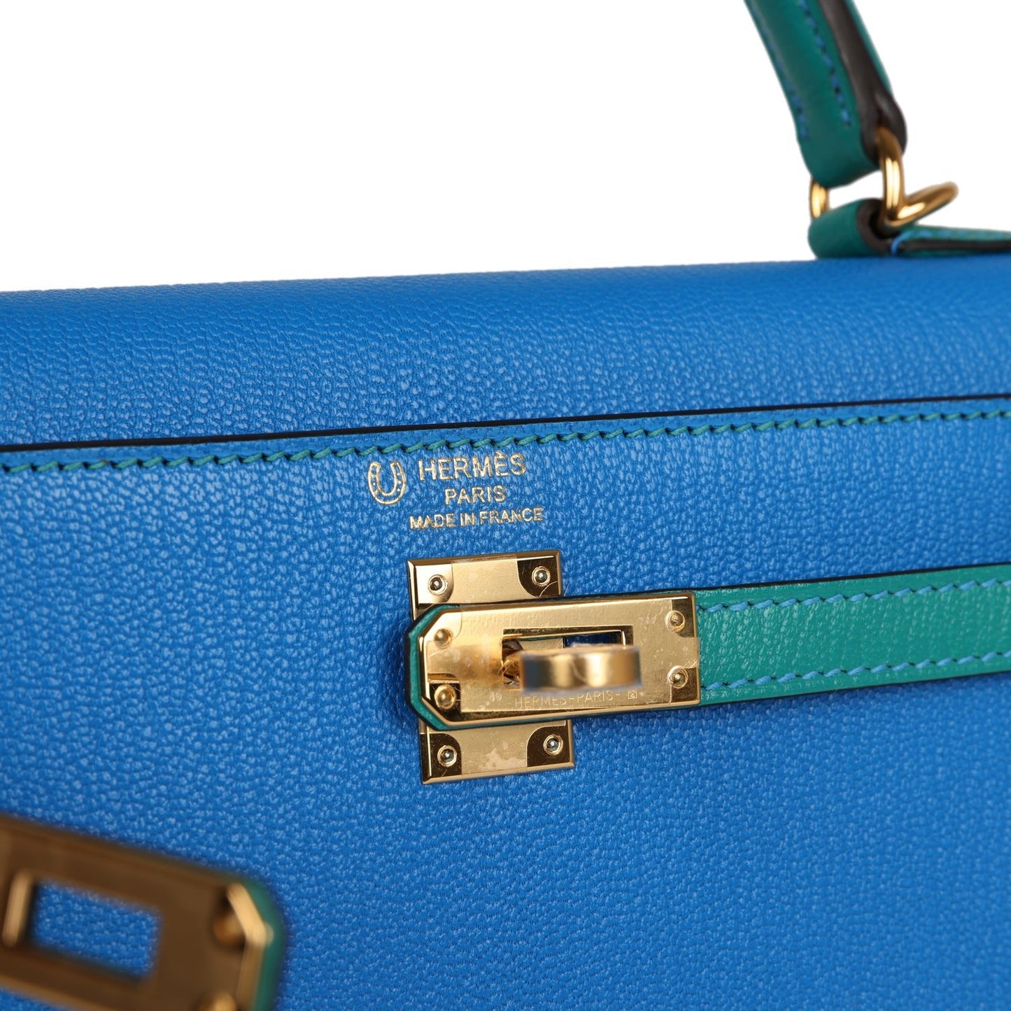 Hermes Kelly Sellier 25 Bleu Hydra and Bleu Paon Chevre Mysore Gold Hardware