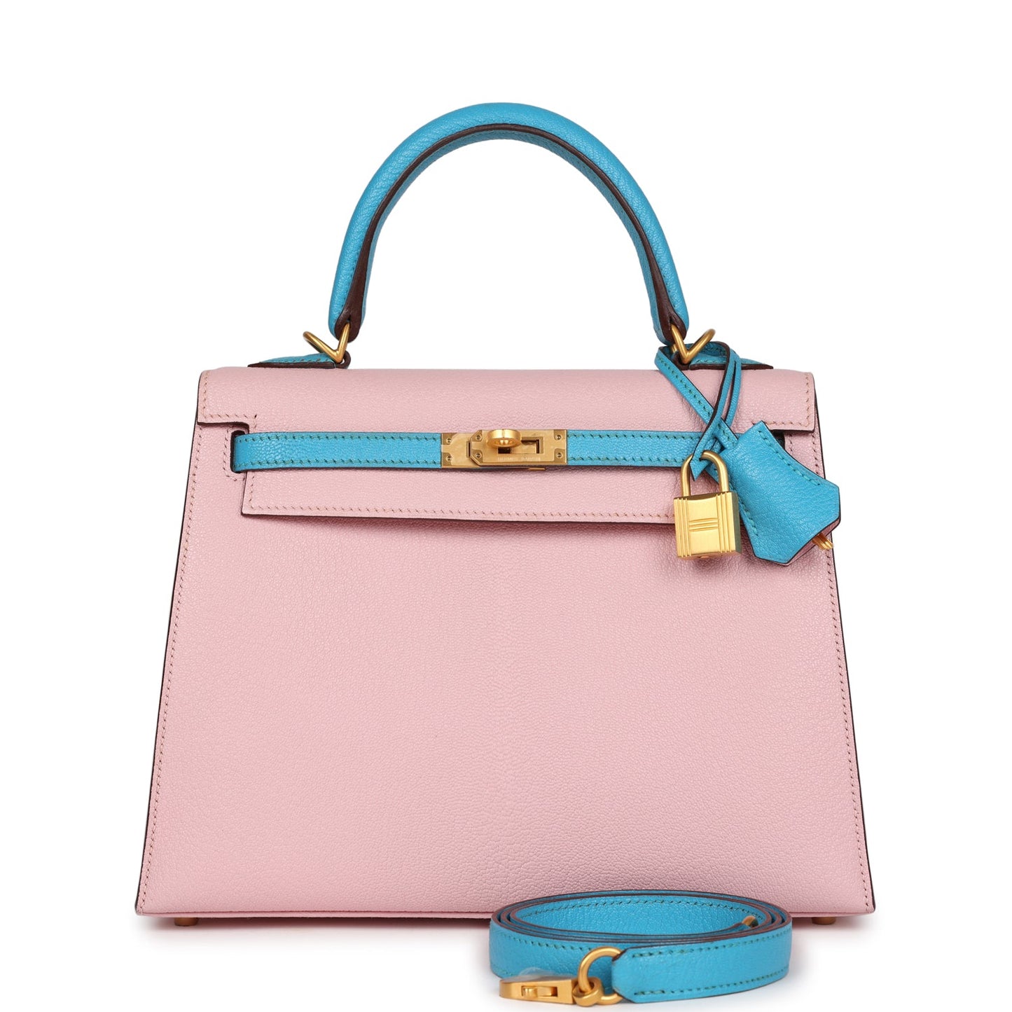 Hermes Kelly Sellier 25 Rose Sakura and Bleu Aztec Chevre Brushed Gold Hardware