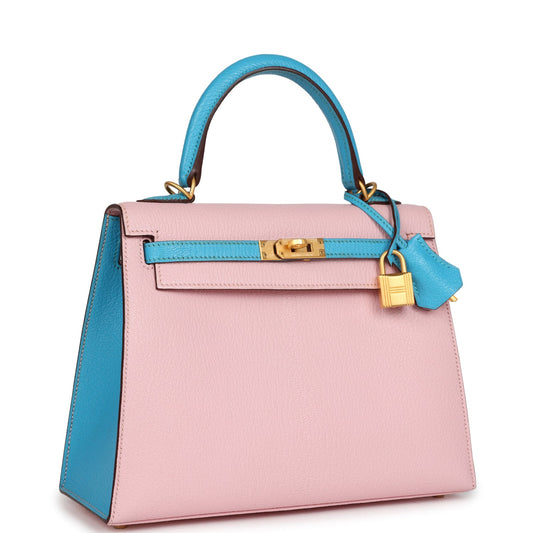 Hermes Kelly Sellier 25 Rose Sakura and Bleu Aztec Chevre Brushed Gold Hardware