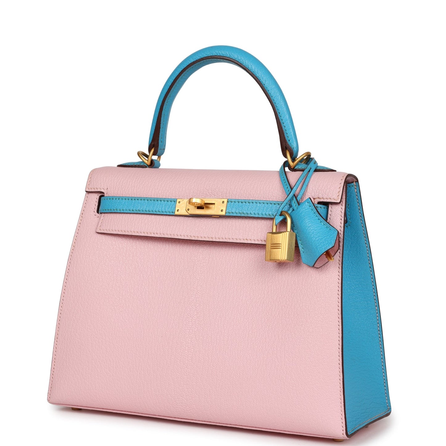 Hermes Kelly Sellier 25 Rose Sakura and Bleu Aztec Chevre Brushed Gold Hardware