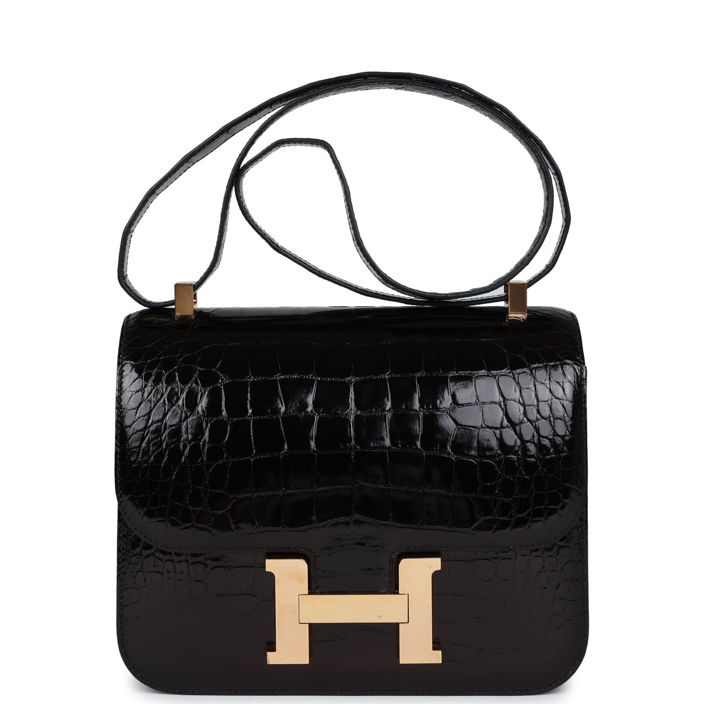 Hermes Constance 24 Black Shiny Alligator Rose Gold Hardware