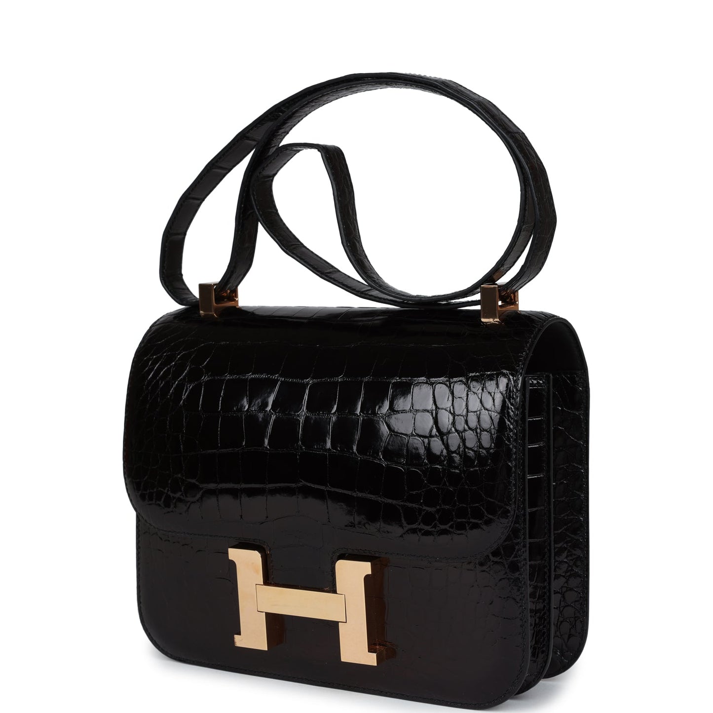 Hermes Constance 24 Black Shiny Alligator Rose Gold Hardware