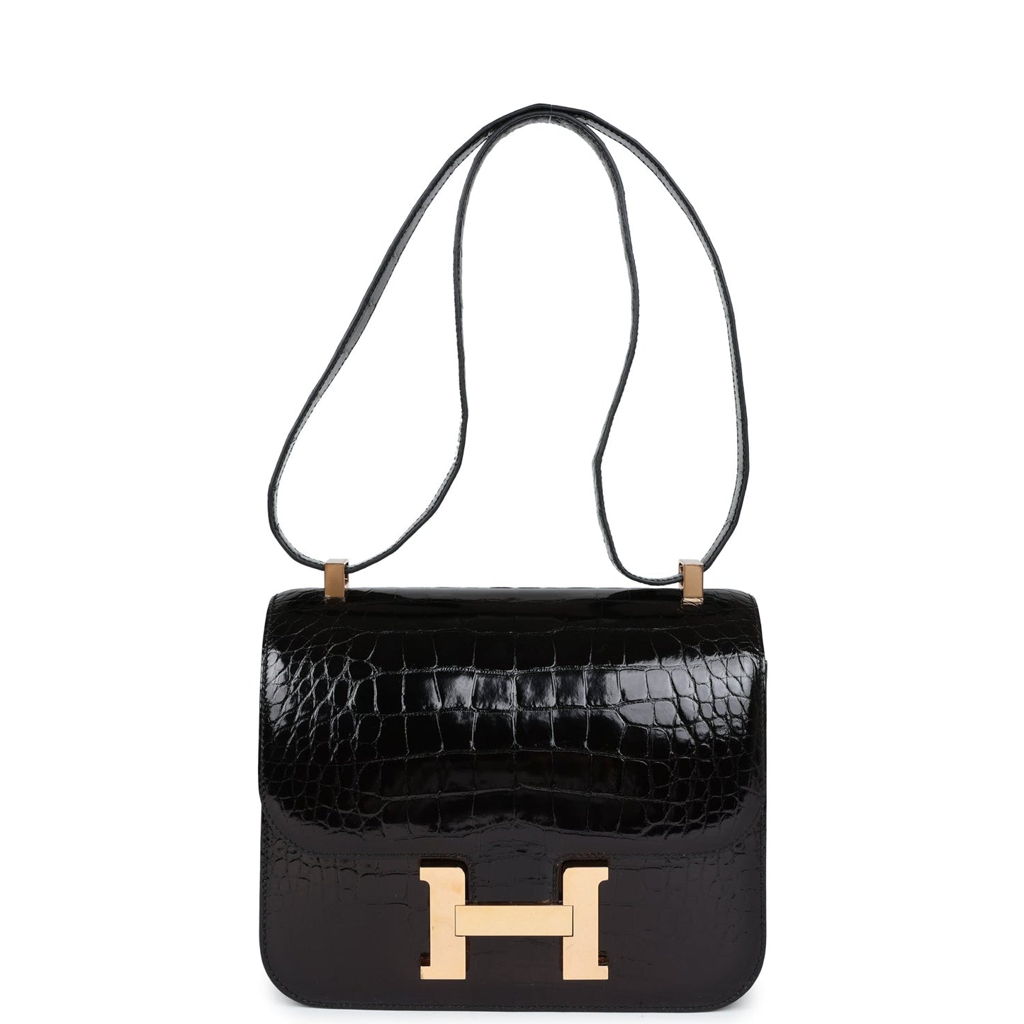 Hermes Constance 24 Black Shiny Alligator Rose Gold Hardware