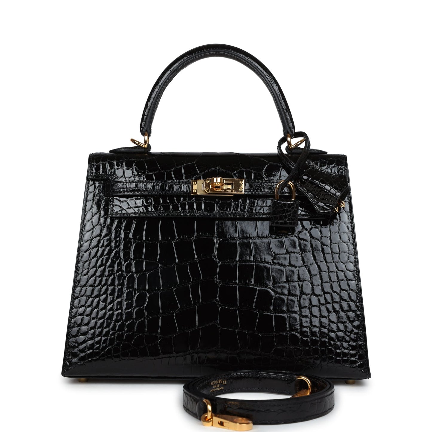 Hermes Kelly Sellier 25 Black Shiny Alligator Gold Hardware