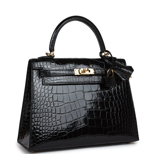 Hermes Kelly Sellier 25 Black Shiny Alligator Gold Hardware