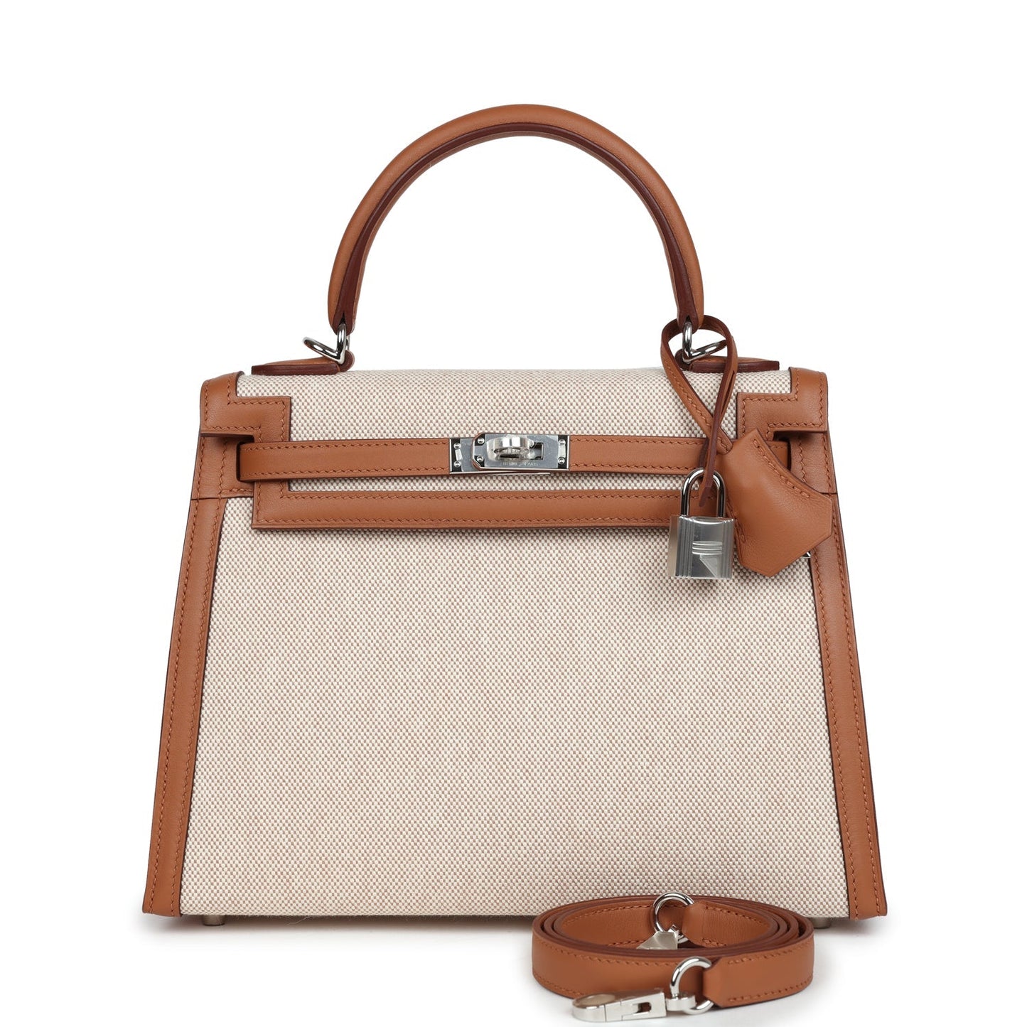 Hermes Kelly Sellier 25 Gold Swift and Ecru Toile Palladium Hardware