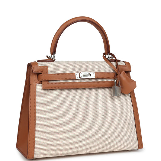 Hermes Kelly Sellier 25 Gold Swift and Ecru Toile Palladium Hardware