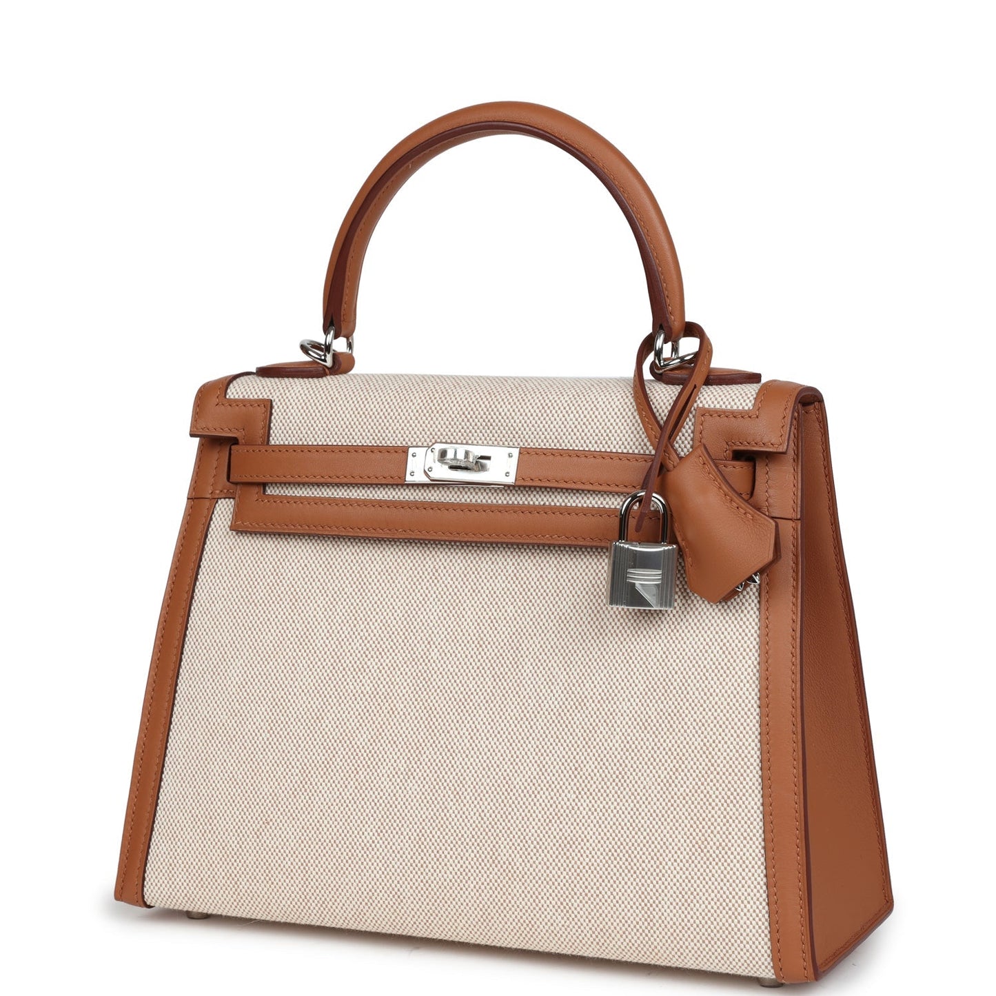 Hermes Kelly Sellier 25 Gold Swift and Ecru Toile Palladium Hardware