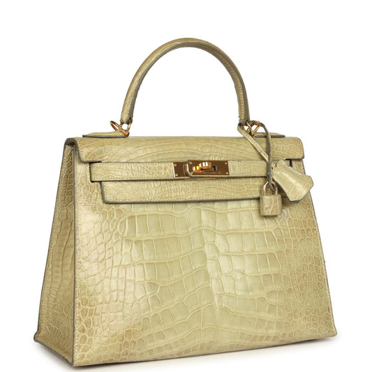 Hermes Kelly 28 Vert Celadon Natura Shiny Alligator Gold Hardware