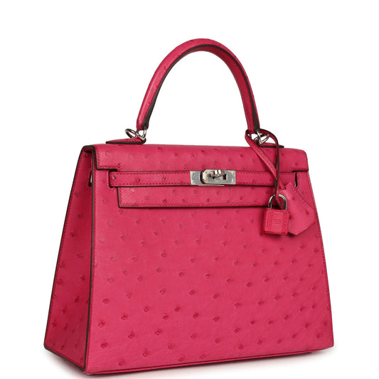 Hermes Kelly Sellier 25 Rose Tyrien Ostrich Palladium Hardware