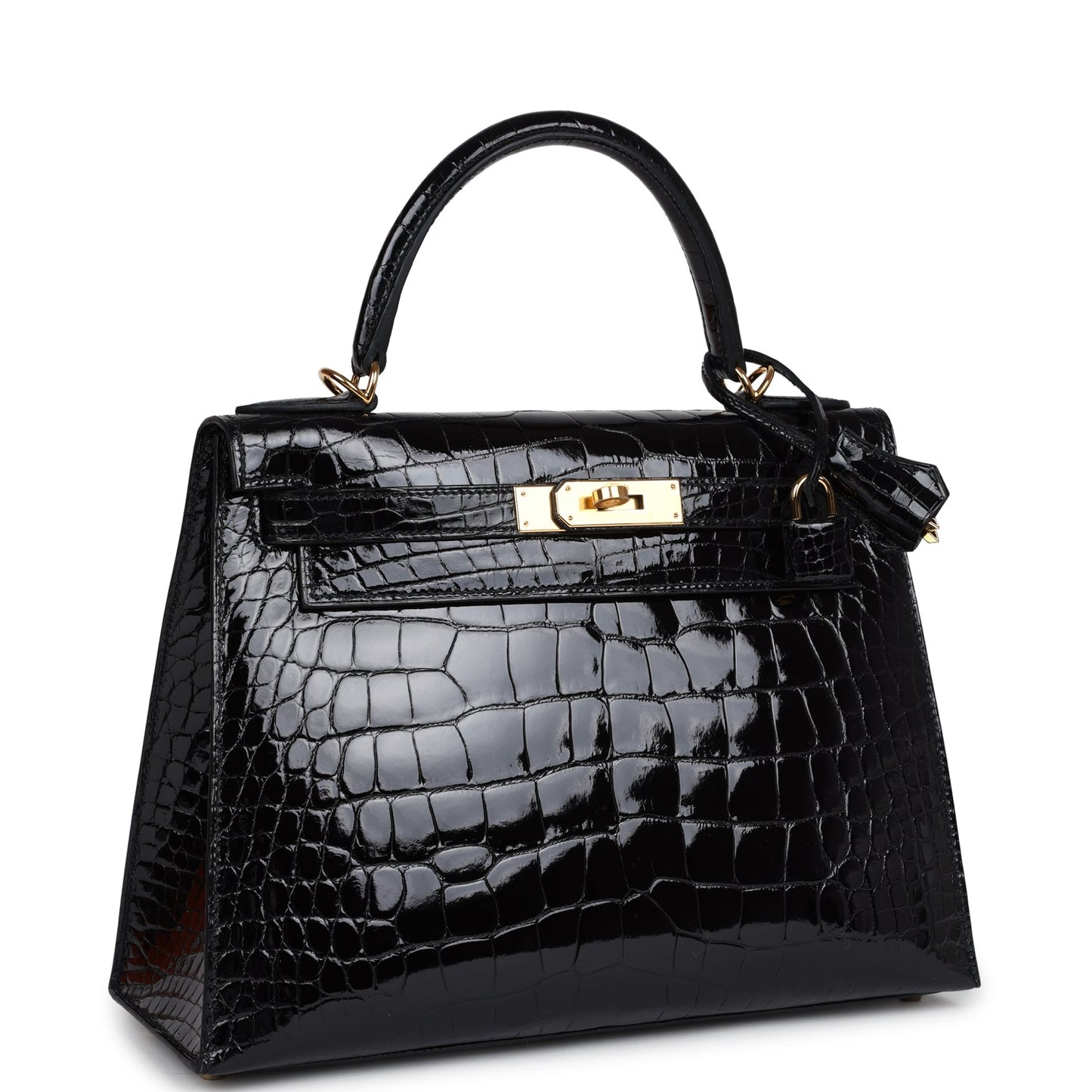 Hermes Kelly Sellier 28 Black Shiny Alligator Gold Hardware