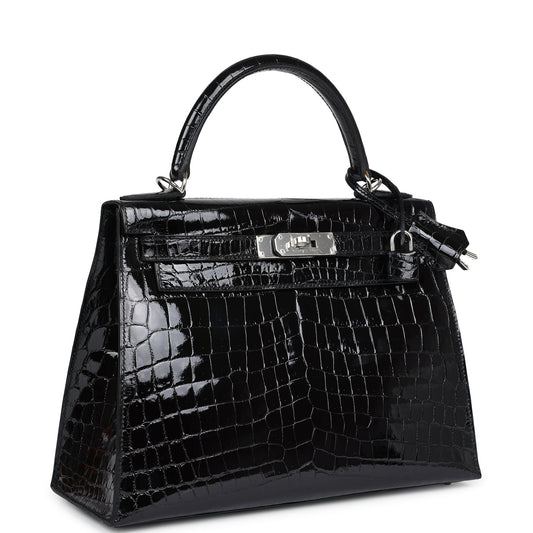 Hermes Kelly Sellier 28 Black Shiny Niloticus Crocodile Palladium Hardware