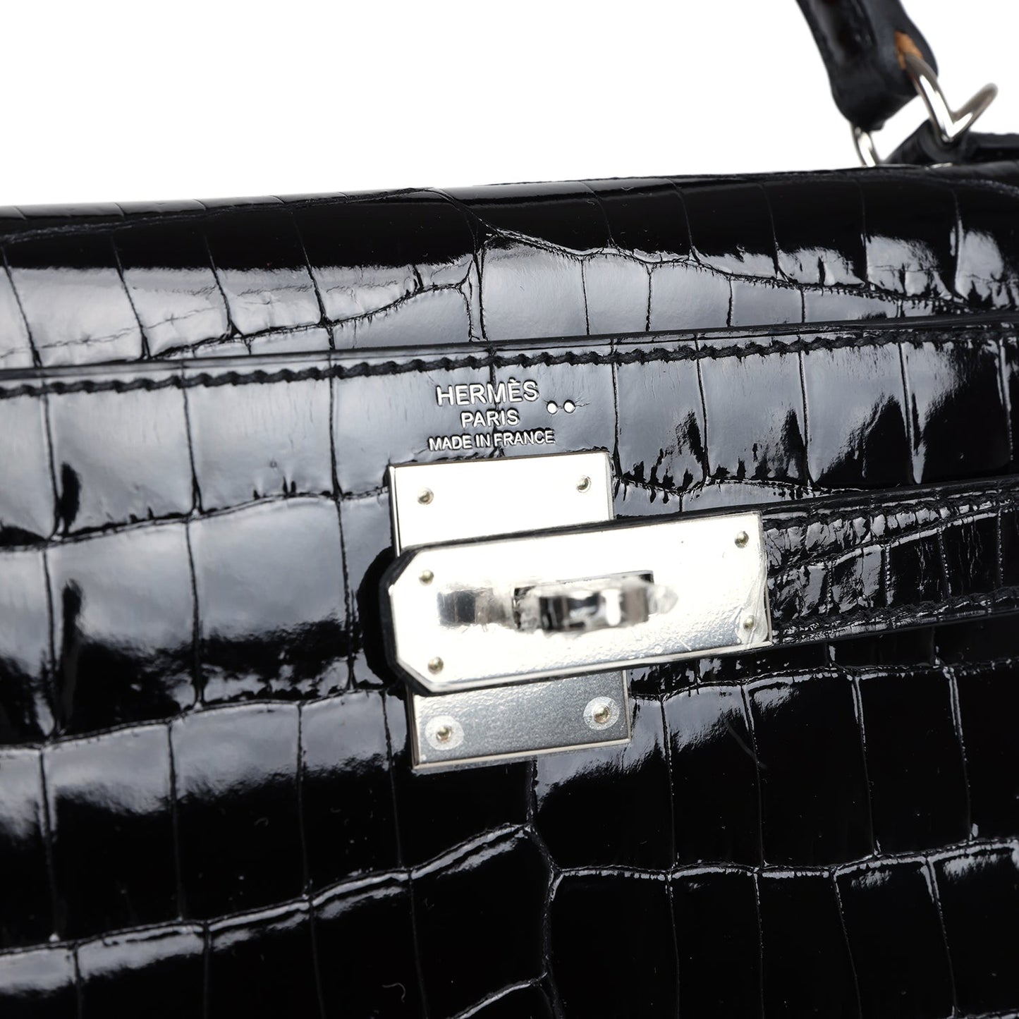 Hermes Kelly Sellier 28 Black Shiny Niloticus Crocodile Palladium Hardware