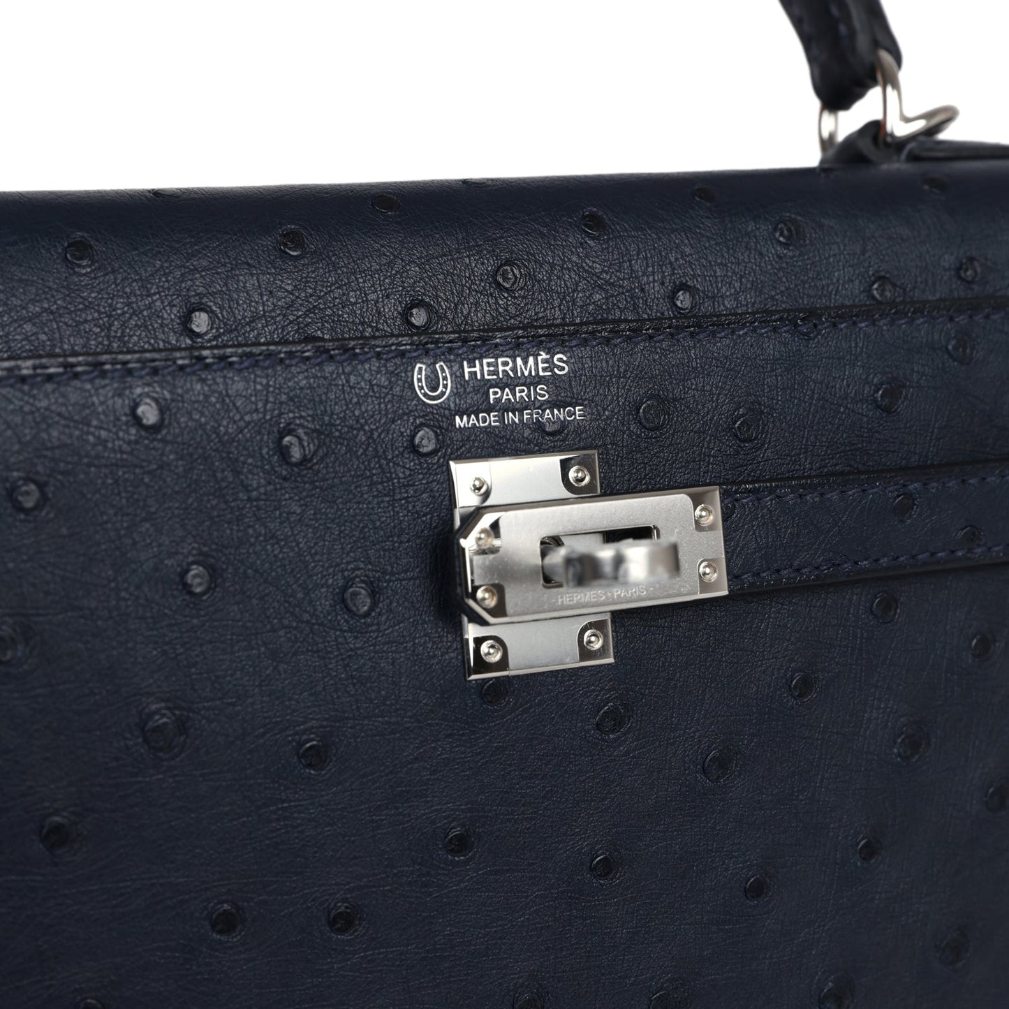 Hermes Kelly Sellier 25 Bleu Indigo Verso Ostrich Palladium Hardware