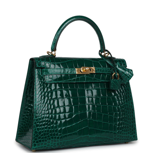 Hermes Kelly Sellier 25 Emerald Shiny Alligator Gold Hardware