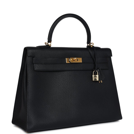 Hermes Kelly Sellier 35 Black Fjord Gold Hardware