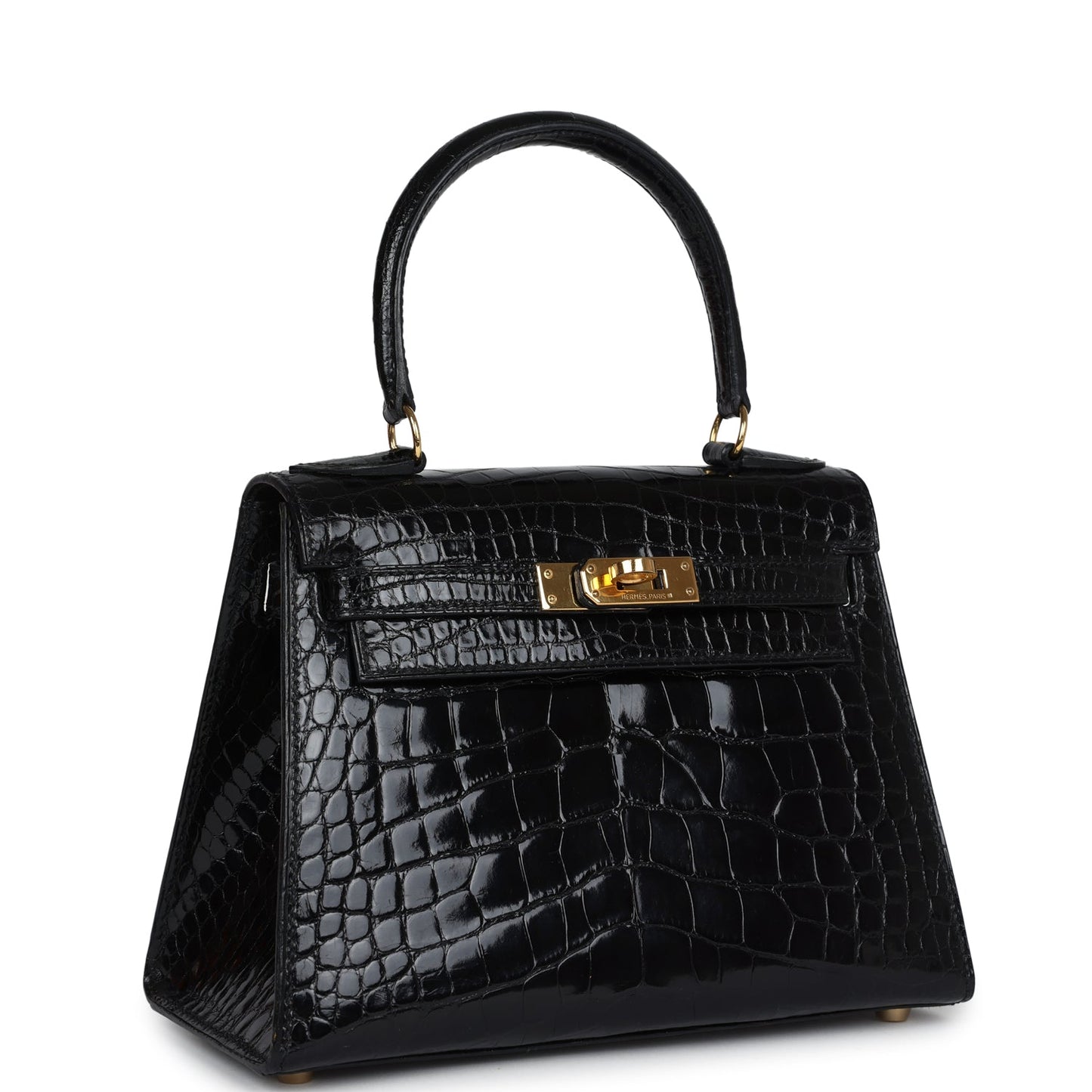 Vintage Hermes Kelly Sellier 20 Black Shiny Alligator Gold Hardware