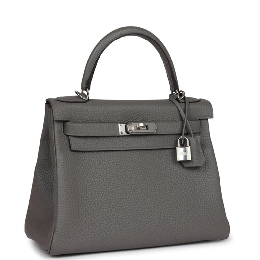 Hermes Kelly Retourne 28 Gris Meyer Clemence Palladium Hardware