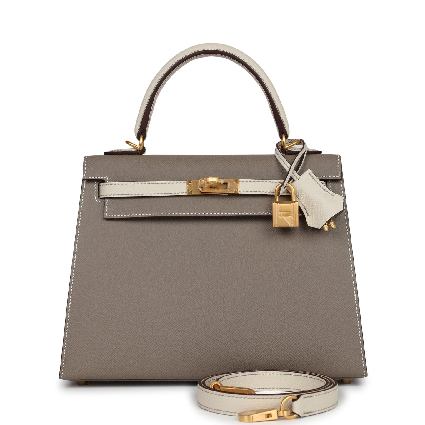 Hermes Kelly Sellier 25 Etoupe and Craie Epsom Brushed Gold Hardware