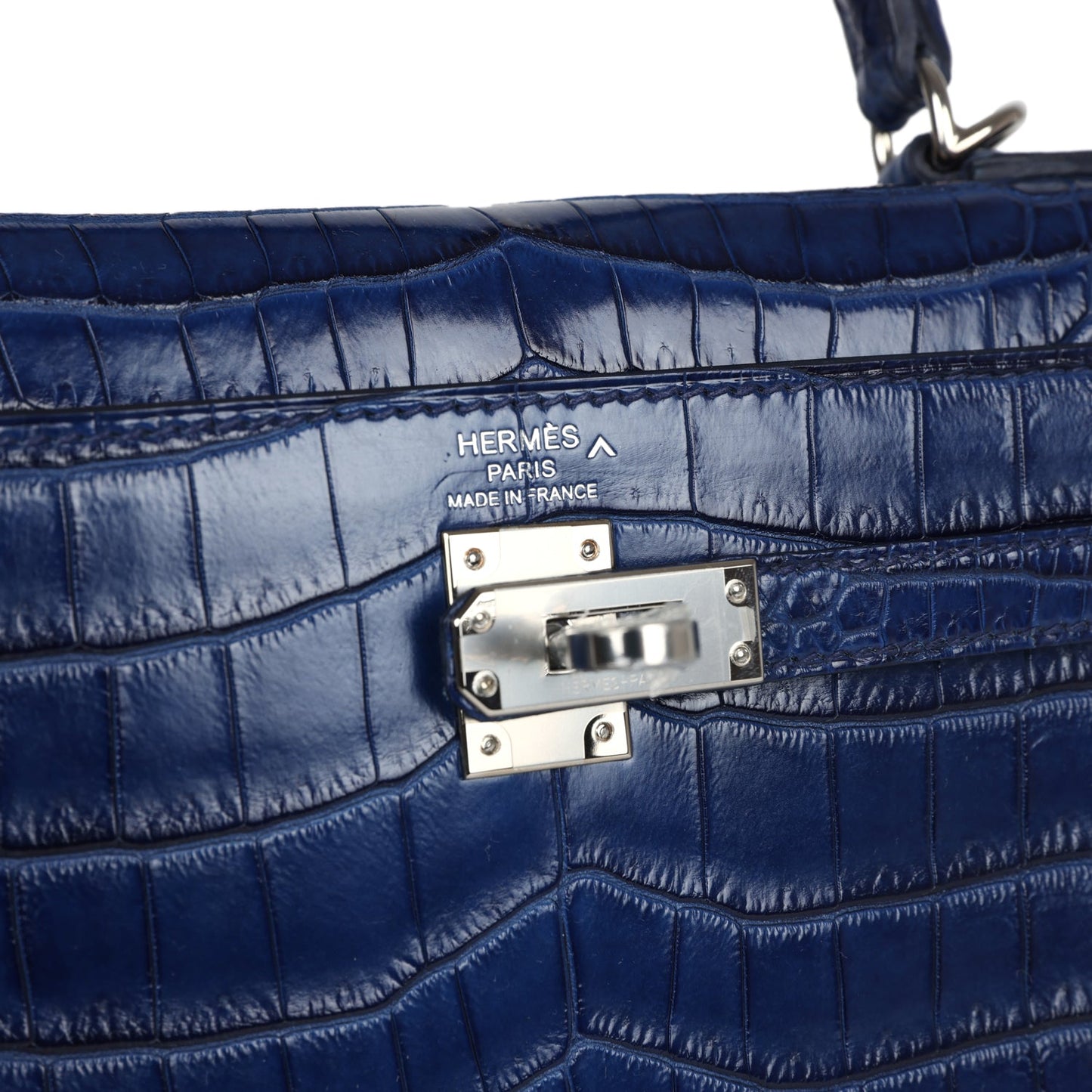 Hermes Kelly Sellier 25 Bleu Indigo Aizome Matte Porosus Crocodile Palladium Hardware